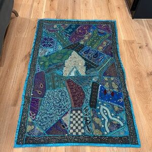 Handmade beaded patchwork blue green purple table cover/tapestry 69x45 in